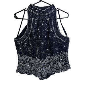 Vintage high neck silk beaded formal glamorous top, sz petite Large